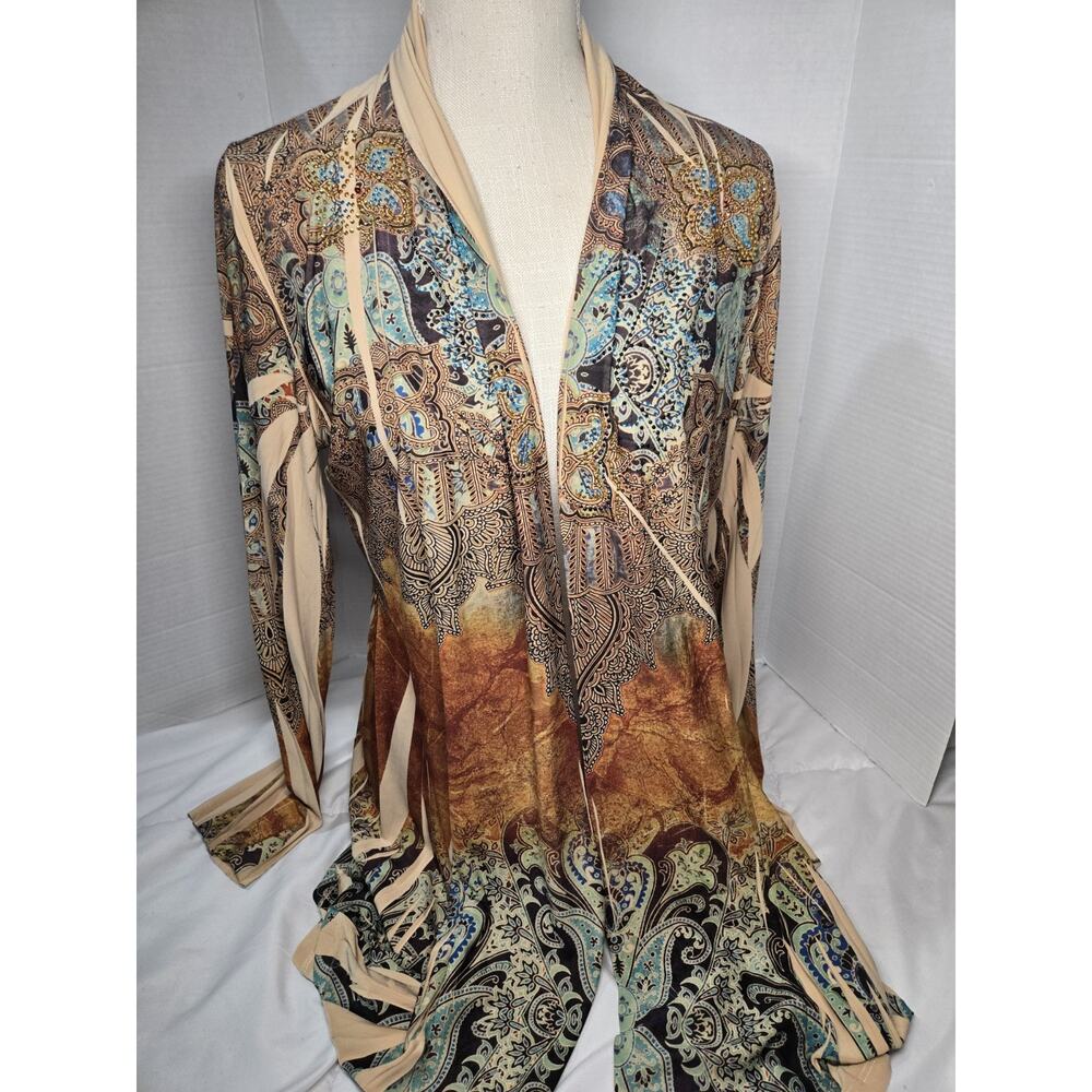 Vtg OS Cover Rhinestone Cardigan Boho Indie Western Openfront Paysley Kimono